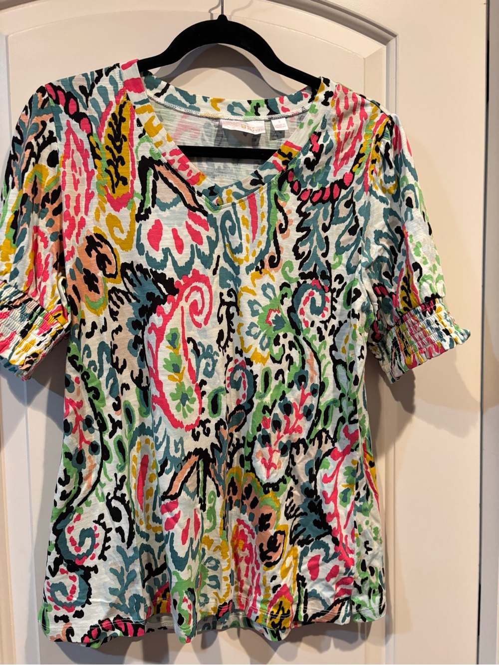 Belle by Kim Gravel Slub Knit Multi-Color Paisley  V-Neck Top - Seafoam